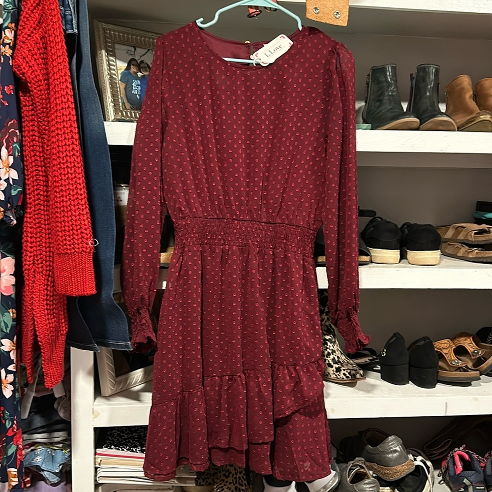 Swiss Dot Burgundy ruffled long sleeve midi dress